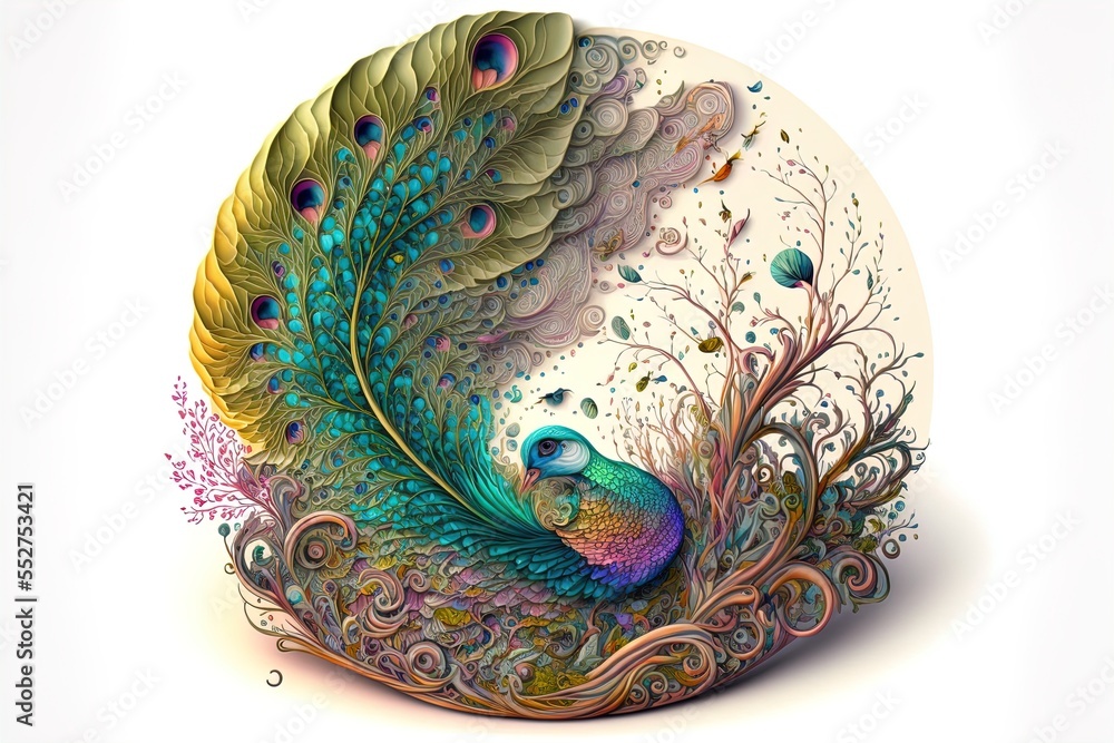 Poster a peacock with a colorful tail sitting on a white surface with a white background and a circular des