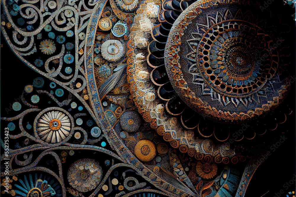 Poster a painting of a spiral design with many colors and shapes on it's surface. generative ai