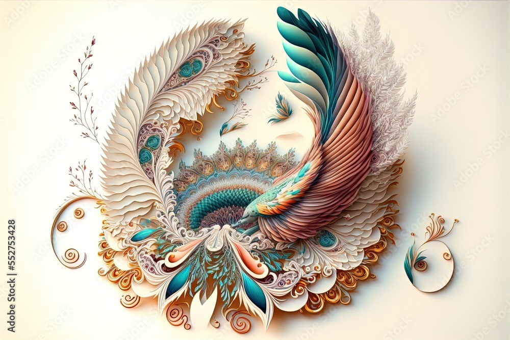 Poster a painting of a bird with feathers on it's back and wings on its back. generative ai