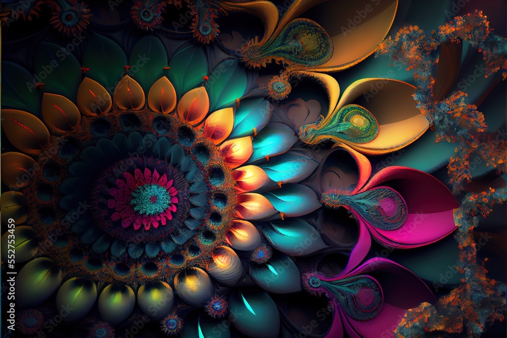 Poster a colorful abstract background with a spiral design in the center of the image and a center of petal