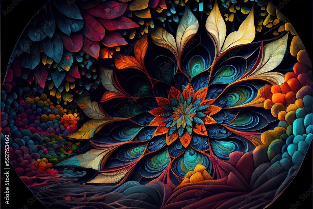 Poster a colorful flower with many petals in a circle shape on a black background with a black background a