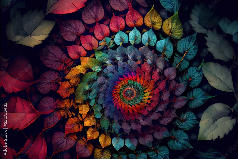 Poster a colorful flower with leaves surrounding it in a circular pattern on a black background with a red 