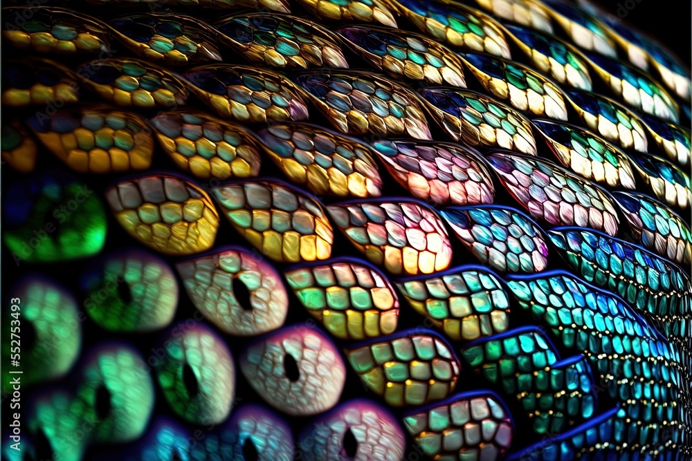 Poster a close up of a colorful object with many colors on it's surface and a black background with a white