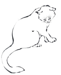 水墨画技法で描いた猫の線描き