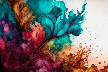 Fantasy underwater plants in tuberose, red and brown palette, seaweed generative ai art
