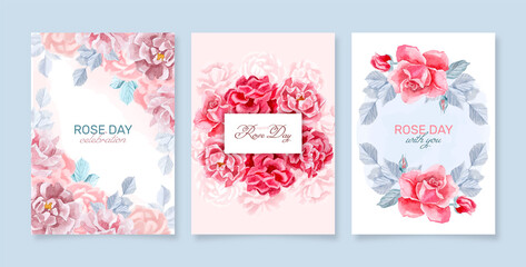 set of Rose Day greeting card with pink rose flowers in the illustrated background 