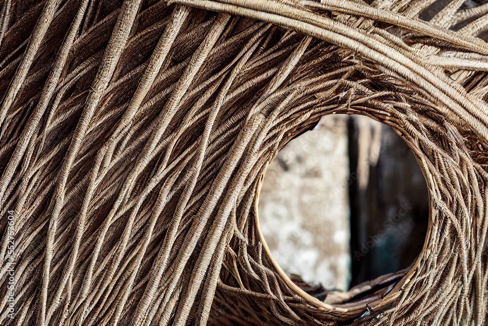 Poster a close up of a bird nest with a mirror in the background of it's nest structure. generative ai