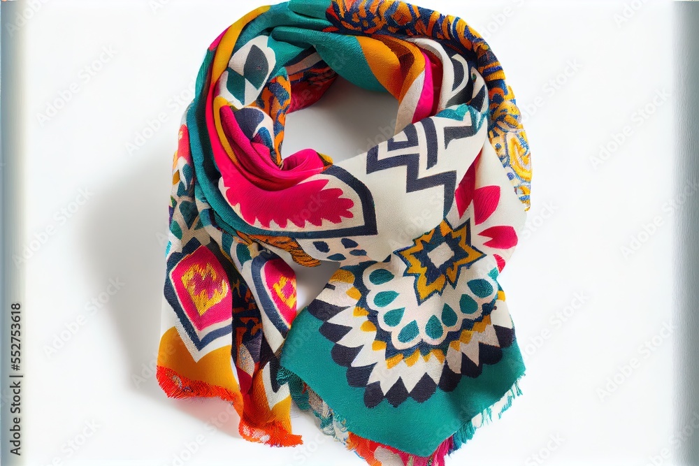 Poster a colorful scarf with a design on it on a white background with a white frame around it and a white 