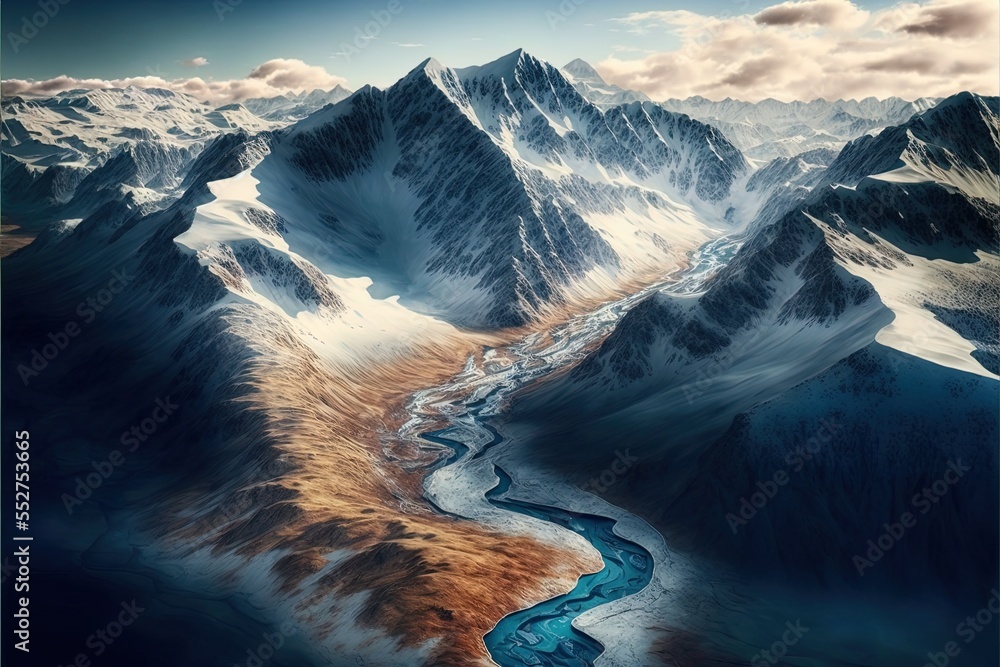 Poster a painting of a river running through a mountain range in the snow and clouds. generative ai