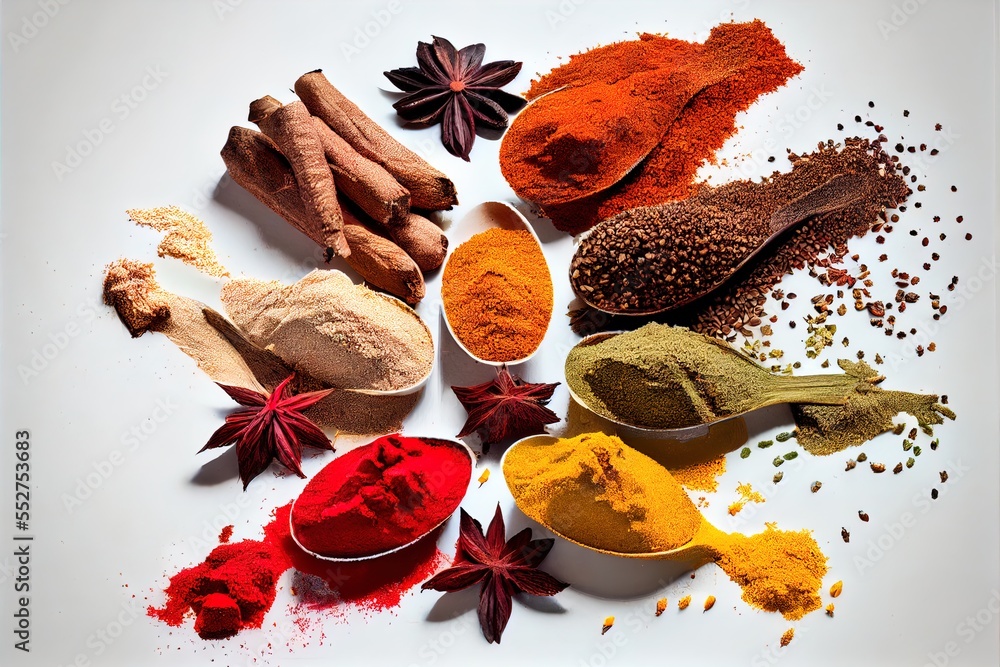 Poster a white plate topped with different types of spices and herbs next to each other on a table top with