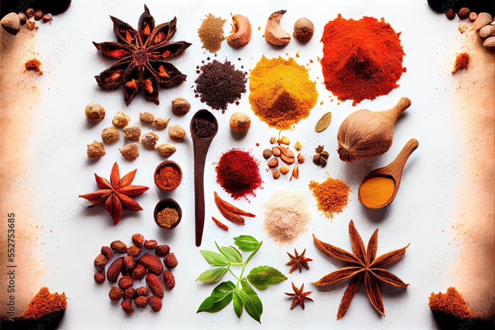 Poster a variety of spices and herbs on a white surface with a shadow of a spoon and spoon rest on the tabl