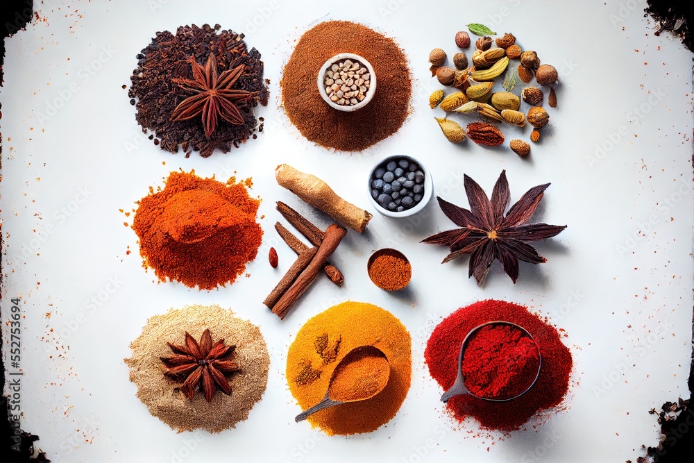 Poster a variety of spices and spices on a white surface with a spoon and spoon rest on the side of the spi