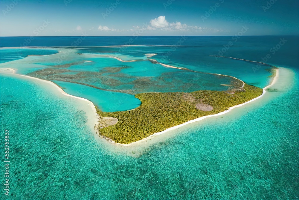 Aufkleber an island in the middle of the ocean with a sandy beach and a few trees on it. generative ai