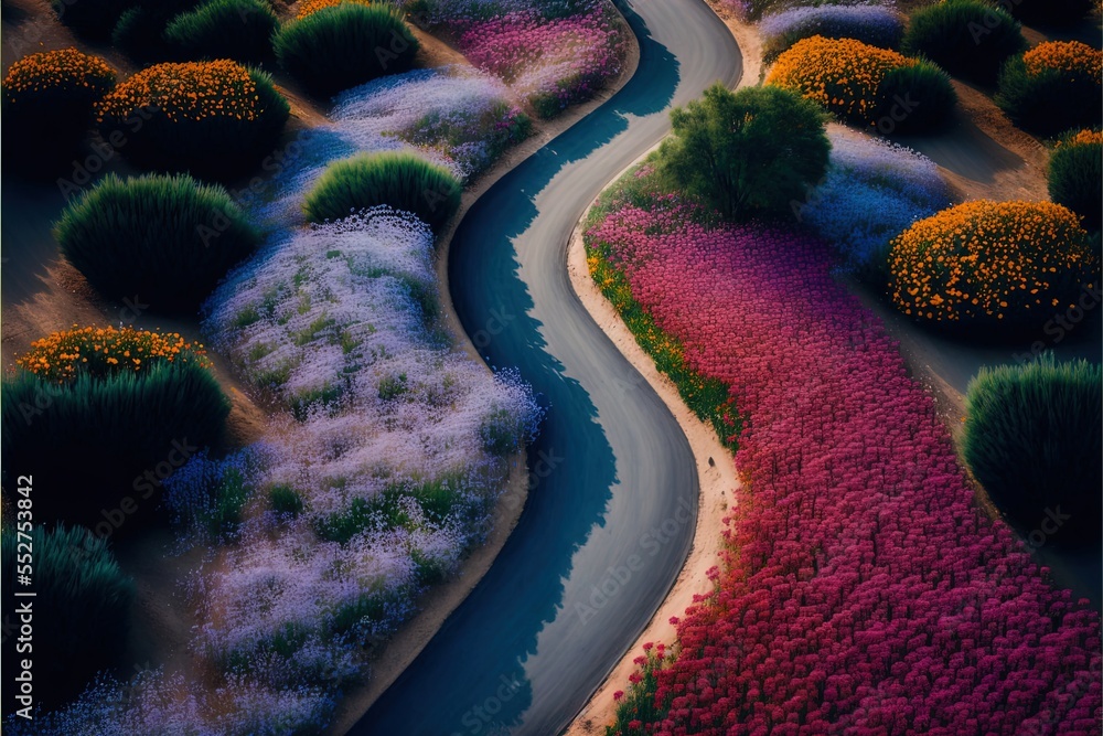 Poster a winding road with flowers and trees on both sides of it and a river running through it in the midd