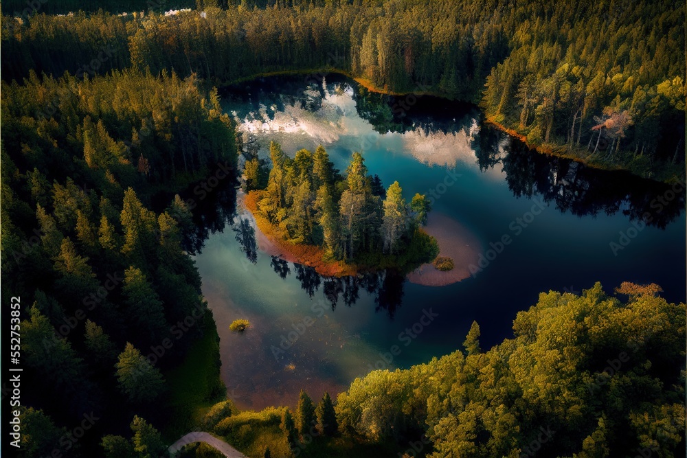 Aufkleber a lake surrounded by trees and a forest with a road going through it and a few trees around it. gene