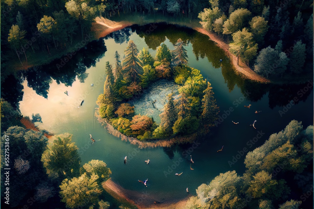 Poster a small island surrounded by trees and water in a forest area with a lake in the middle of it. gener