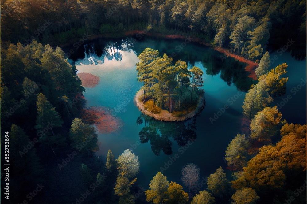 Poster a small island surrounded by trees in a lake surrounded by forest land and surrounded by water and s