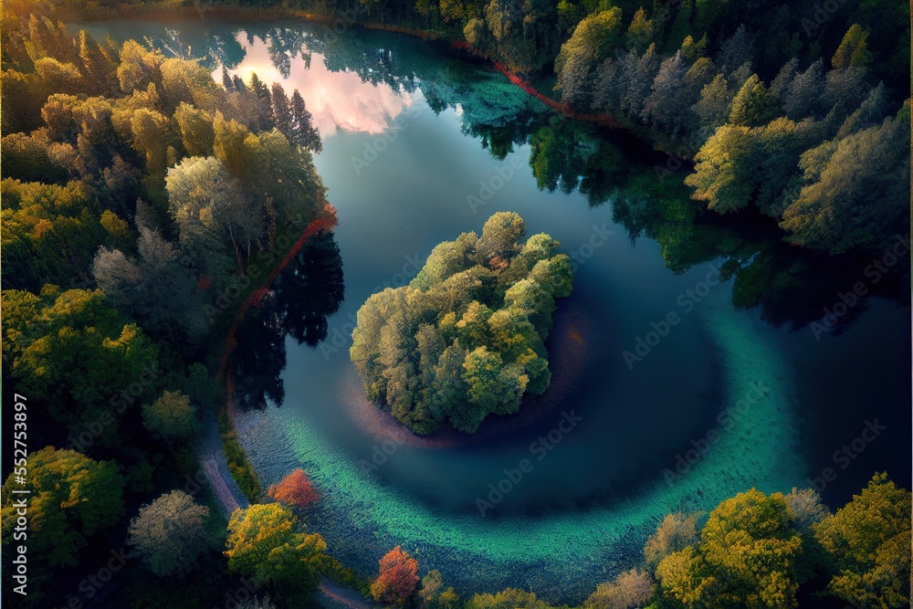 Aufkleber a lake surrounded by trees and a forest with a circular shaped island in the middle of it. generativ