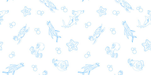 Pattern of doodle cartoon fish and animals on a white background for printing and design.Vector illustration.
