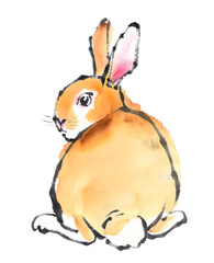 水墨画技法で描いた振り向く子ウサギ
