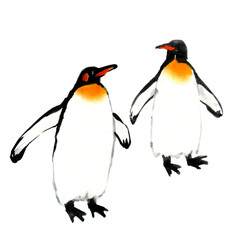 水墨画技法で描いたペアペンギン