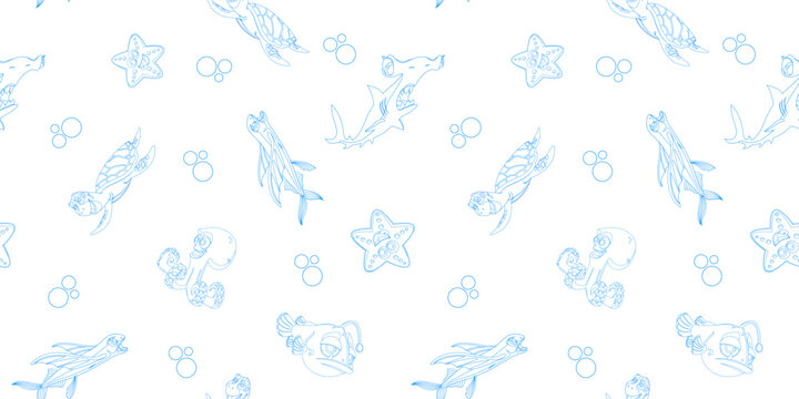 Pattern of doodle cartoon fish and animals on a white background for printing and design.Vector illustration.