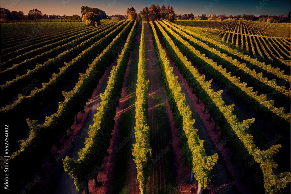 Poster a large field of green plants with trees in the background and a sunset in the distance with a blue 