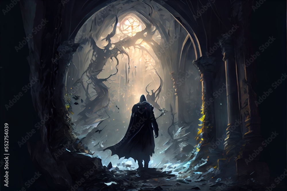 Poster a man in a black cloak standing in a dark cave, illuminated by a light at the end of the tunnel he a