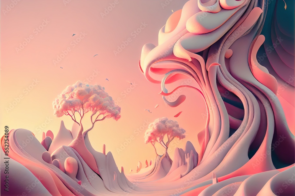 Poster a painting of a landscape with trees and hills in the background. generative ai