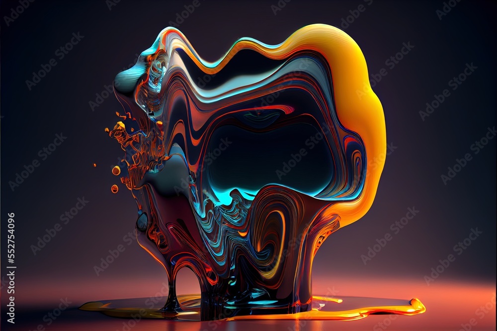 Poster a colorful object is floating on a surface with a liquid dropper on it's side and a black background
