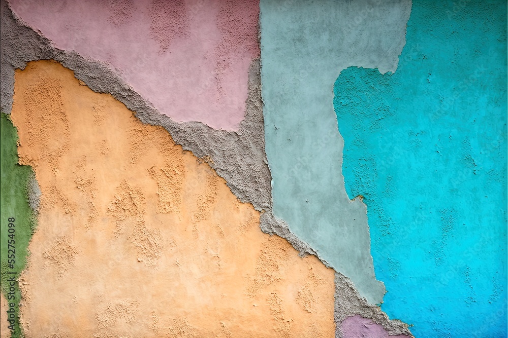 Poster a wall with a peeling paint and a clock on it's side. generative ai