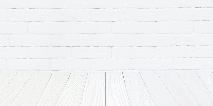 Banner White brick wall, texture boards floor. Background, template, blank for advertising