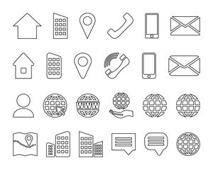 Thin Outline Contact Info Icon Set for Location Pin, Phone, Web and Cellphone and Email Icons.