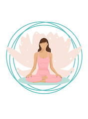 The woman is meditating. A young girl is doing yoga. Flat style illustration for yoga center, fitness, sports club or web banner or poster. Lotus position vector illustration
