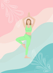 The woman is meditating. A young girl is doing yoga. Flat style illustration for yoga center, fitness, sports club or web banner or poster. Lotus position vector illustration