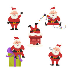 Set of funny and cute illustrations with Santa Claus. Tangled in a garland, waving, laughing, stuck in the chimney, sitting on a huge gift. Vector graphic.	
