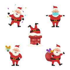 Set of funny and cute illustrations with Santa Claus. Stuck in the chimney, dancing, holding a gift, carrying a large bag of gifts and wearing a medical mask, etc. Vector graphic.