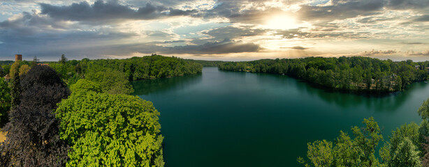 Aerial shot of a beautiful lake in the summer day