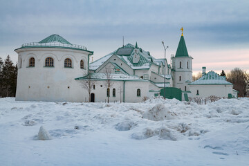 The ancient building of the Sovereign Military Chamber on a cloudy March morning. Tsarskoye Selo, Pushkin. Russia