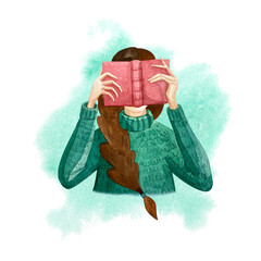 Reading girl in a green sweater on the background of a watercolor stain.