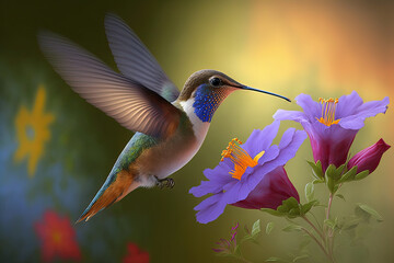 Fototapeta premium Hummingbird flying to pick up nectar from a beautiful flower. Digital artwork