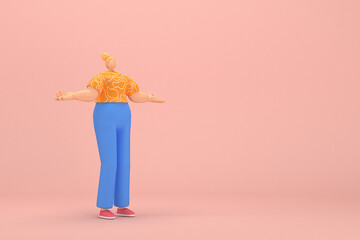 The woman with golden hair tied in a bun wearing blue corduroy pants and Orange T-shirt with white stripes.  She is expression  of hand when talking. 3d rendering of cartoon character in acting.