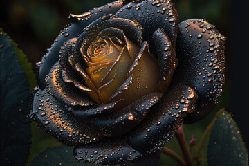 Macro image of black rose with morning dew drops. Digital art