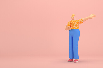 The woman with golden hair tied in a bun wearing blue corduroy pants and Orange T-shirt with white stripes.  She is expression  of hand when talking. 3d rendering of cartoon character in acting.