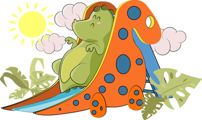 Obraz premium A green dinosaur decided to ride a slide