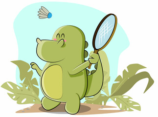 The little dinosaur decided to play badminton in the early morning