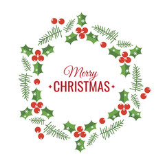 Merry Christmas wreath with text on white background. Fir twigs and red berries. Vector greeting card template. Winter season holidays design.