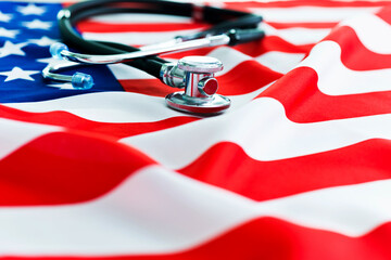 Closeup of stethoscope on american national flag