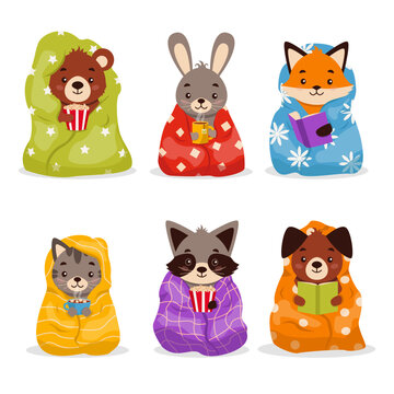 Set of illustrations with cute animals wrapped in blankets. Vector graphic.	