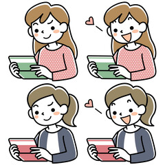 預金通帳を見て機嫌のよい若い女性の上半身セット